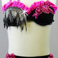 Black/Pink Bra Top and Trunks with Ruffled Back Skirt and Fringe - Swarovski Rhinestones