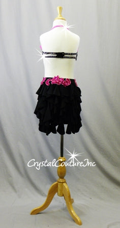 Black/Pink Bra Top and Trunks with Ruffled Back Skirt and Fringe - Swarovski Rhinestones