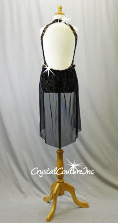 Black Floral lace & Nude Lycra Mock-Neck with Back Sheer Skirt - Swarovski Rhinestones