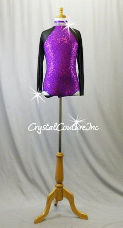 Purple Sequined Leotard with Black Sparkly Mesh Sleeves - Swarovski Rhinestones