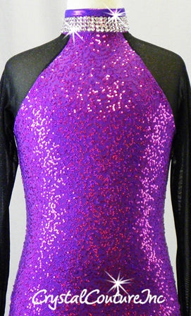 Purple Sequined Leotard with Black Sparkly Mesh Sleeves - Swarovski Rhinestones