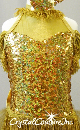 Gold Sequined Leotard with Off-Shoulder Sleeves and Back Skirt/Bow