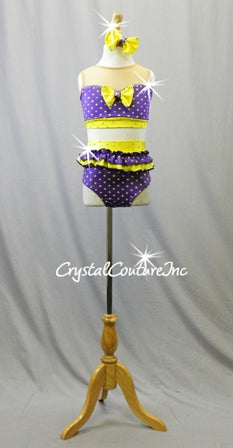 Purple/Yellow Polka Dot Crop Top & Trunks with Ruffles - Swarovski Rhinestones