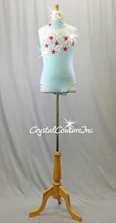 Light Blue Leotard with Sheer Mesh Draping - Swarovski Rhinestones