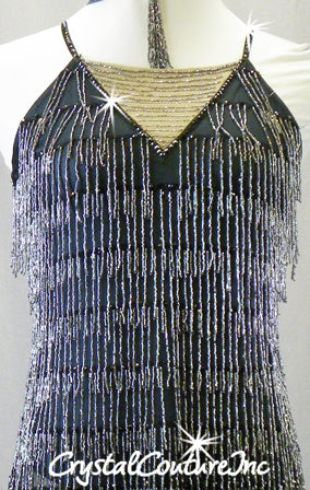 Black Sheer Mesh Beaded Fringe Dress with Blue/Grey Leotard - Swarovski Rhinestones