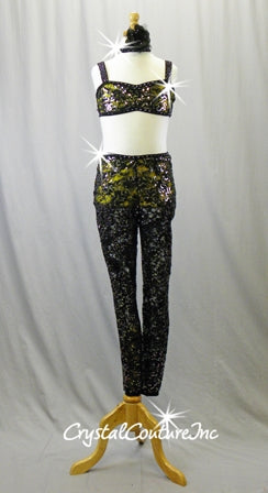 Black Lace and Yellow Lycra Top & Trunks with Lace Leggings - Swarovski Rhinestones