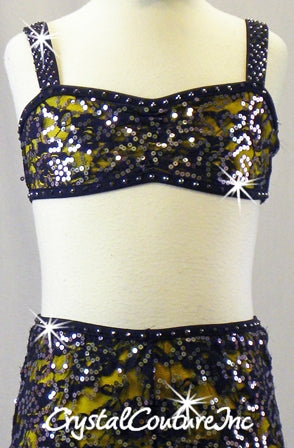 Black Lace and Yellow Lycra Top & Trunks with Lace Leggings - Swarovski Rhinestones