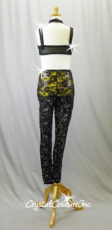 Black Lace and Yellow Lycra Top & Trunks with Lace Leggings - Swarovski Rhinestones