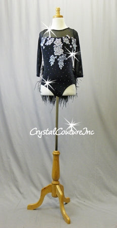 Black 3/4 Sleeve Leotard with Feather Bustle Skirt - Swarovski Rhinestones