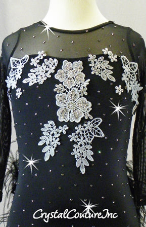 Black 3/4 Sleeve Leotard with Feather Bustle Skirt - Swarovski Rhinestones