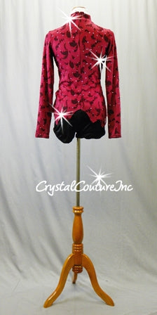 Ruby Red Textured & Black Long Sleeve Biketard - Swarovski Rhinestones