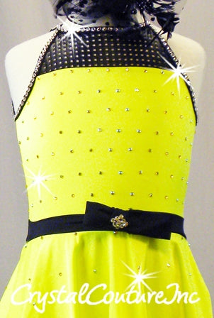Neon Yellow Dress with Black Belt and Trim - Swarovski Rhinestones