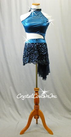 Dark Teal and Navy Blue Connected 2pc Top and Skirt/Trunk - Swarovski Rhinestones