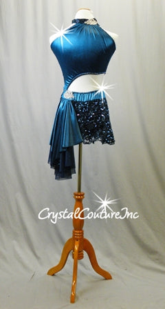 Dark Teal and Navy Blue Connected 2pc Top and Skirt/Trunk - Swarovski Rhinestones