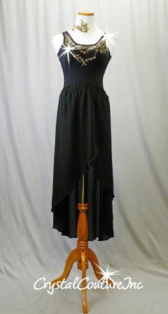 Black Leotard and Crepe Skirt with Black/Gold Appliques - Swarovski Rhinestones