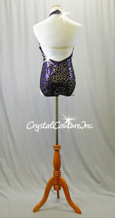 Black Lace and Purple Leotard with Graphite Sequins - Swarovski Rhinestones