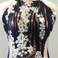 Black/Pink Halter Leotard with Ruffles & White Sequined Flowers -  Rhinestones