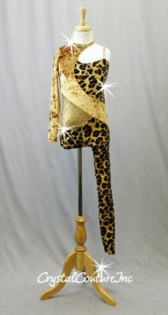 Gold & Cheetah Print Velour Asymmetrical Biketard - Swarovski Rhinestones