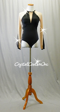 Black Leotard with Nude Mesh and Lace Side Insets - Swarovski Rhinestones