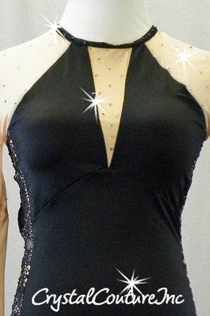 Black Leotard with Nude Mesh and Lace Side Insets - Swarovski Rhinestones