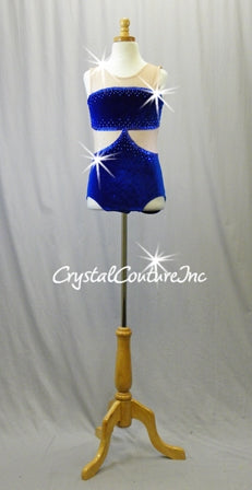 Royal Blue Velour Leotard with Nude Mesh Accents - Rhinestones