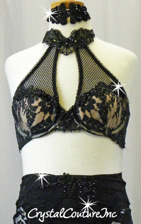 Black Floral Lace with Nude Bra and Trunk/Lace Skirt - Swarovski Rhinestones