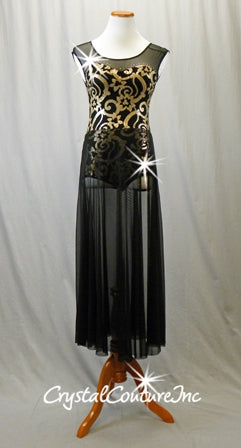 Black Leotard with Gold Patterned Sequins and Long Black Mesh Skirt - Swarovski Rhinestones