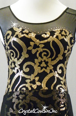 Black Leotard with Gold Patterned Sequins and Long Black Mesh Skirt - Swarovski Rhinestones