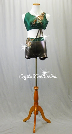 Forest Green and Bronze Connected 2 Piece Top and Booty Shorts - Swarovski Rhinestones
