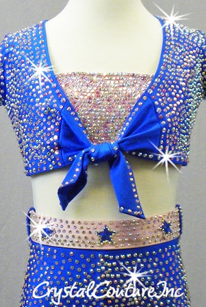 Blue and Pink 3 piece Crop Jacket, Shorts with Pink Bra Top -  Rhinestones