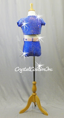 Blue and Pink 3 piece Crop Jacket, Shorts with Pink Bra Top -  Rhinestones