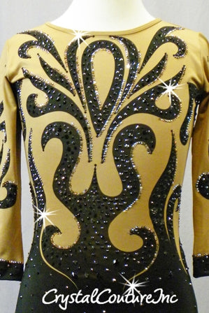 Custom Nude & Black 3/4 Sleeve Leotard with Scroll Pattern - Swarovski Rhinestones