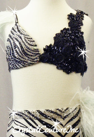 Black/White Zebra Print Bra-Top and Trunk/Feather Bustle - Swarovski Rhinestones