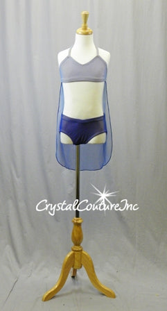 Lt Blue Bra Top and Blue Trunks with Sheer Mesh Ombre Blue Cape