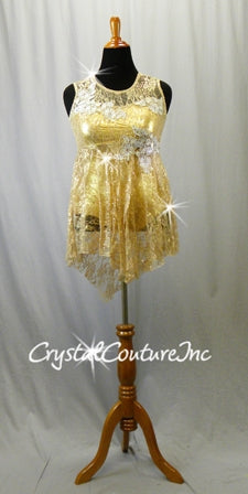 Gold Shimmer Leotard with Nude Floral Lace Overlay and Skirt - Swarovski Rhinestones