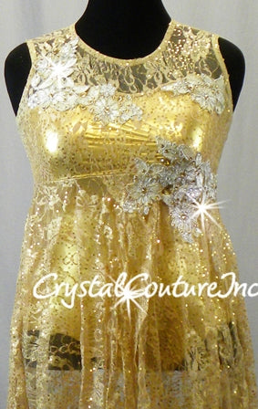 Gold Shimmer Leotard with Nude Floral Lace Overlay and Skirt - Swarovski Rhinestones