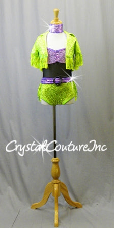 Purple and Lime Green Sequin Halter lotard with GreenSequin  Fringe Jacket