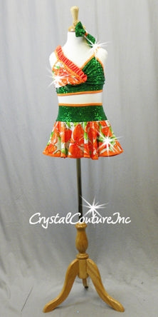 Orange/White/Green Flower Print Top & Skirt/Brief - Swarovski Rhinestones