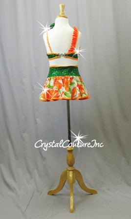 Orange/White/Green Flower Print Top and Skirt/Brief - Swarovski Rhinestones