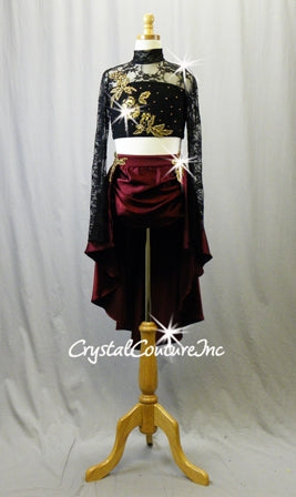 Black Floral Lace Long Sleeve Top with Burgundy Skirt/Brief - Swarovski Rhinestones