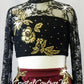 Black Floral Lace Long Sleeve Top with Burgundy Skirt/Brief - Swarovski Rhinestones