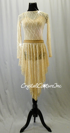 Nude Pattern Sheer Mesh L/S Leotard with Nude Base and Skirt - Swarovski Rhinestones
