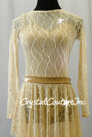 Nude Pattern Sheer Mesh L/S Leotard with Nude Base and Skirt - Swarovski Rhinestones