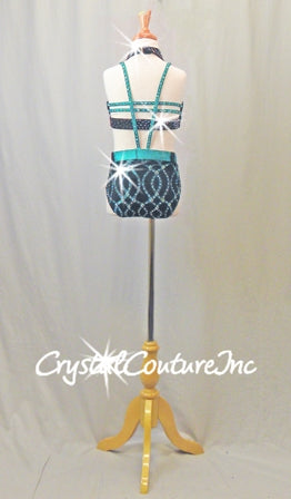 Dark Teal Blue and Black Connected 2 Piece Top and Trunk - Swarovski Rhinestones