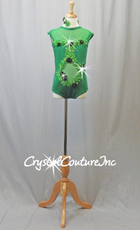 Kelly Green Lycra and Sheer Mesh Leotard with  Appliques - Swarovski Rhinestones