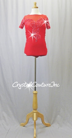 Custom Red Lycra & Open-Net Leotard -  Appliques & Swarovski Rhinestones