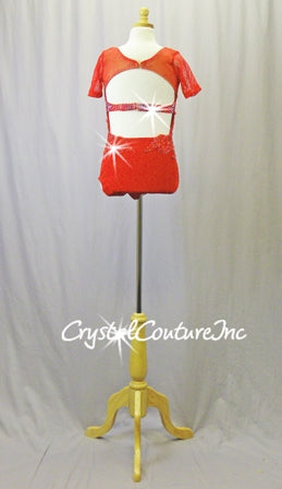 Custom Red Lycra & Open-Net Leotard -  Appliques & Swarovski Rhinestones