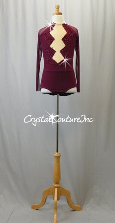 Burgundy Mesh Leotard with Long Sleeves and Appliques - Swarovski Rhinestones