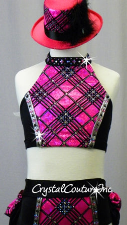 Pink and Black Pattern Top and Trunks with Ruffle Skirt - Swarovski Rhinestones
