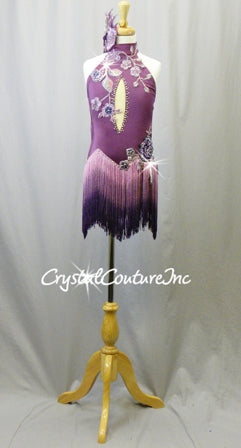 Purple Leotard with Ombre Fringe Skirt and Appliques - Swarovski Rhinestones